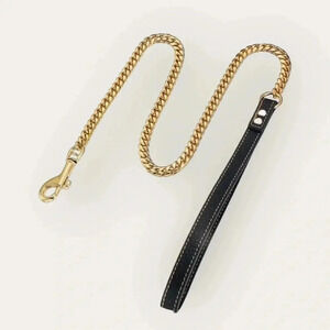 18K Gold Plated Dog Chain Leash Lead Designer Trendy Show Training Black Handle